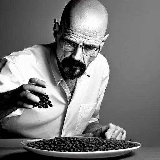 Prompt: walter white eating black beans, photography,