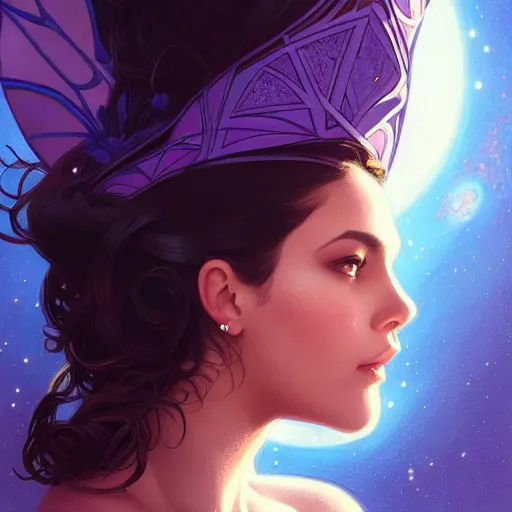 Image similar to Portrait of very very very very very very beautiful Latina woman, spacesuit, purple eyes, intricate, elegant, highly detailed, digital painting, artstation, concept art, smooth, sharp focus, illustration, art by artgerm and greg rutkowski and alphonse mucha