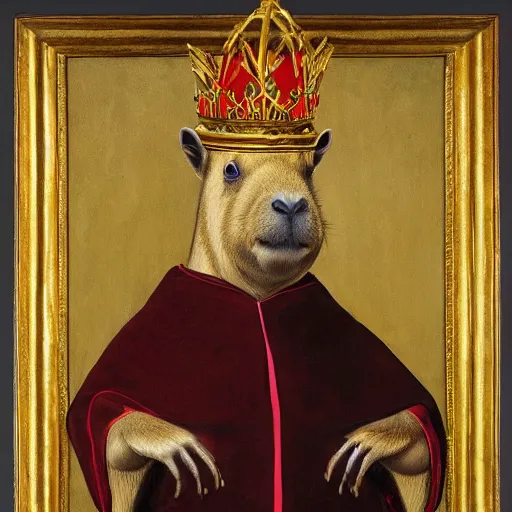 Prompt: An oil painting portrait of a capybara wearing medieval royal robes and an ornate crown on a dark background