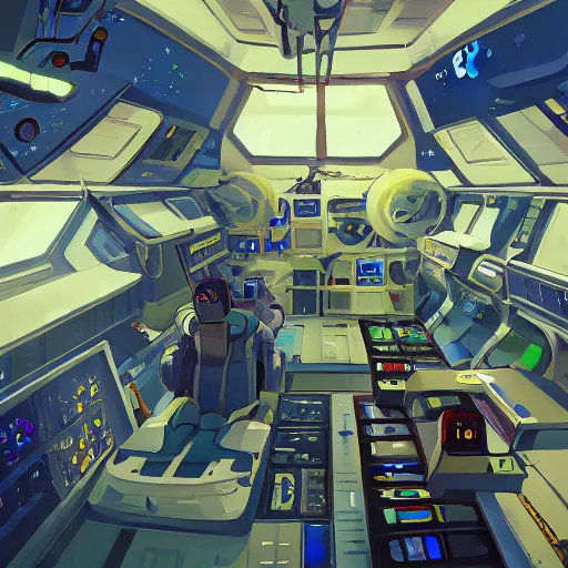 Image similar to Interior of a space station cluttered with electronics and science experiments, Sci-fi, View of earth from the window, Atmosphere, Dramatic lighting, Epic composition, Low angle, Wide angle, by Miyazaki, Nausicaa Ghibli, Breath of The Wild