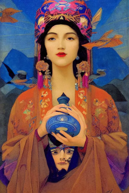 Image similar to queen of the dawn with her lantern and birds, by Nicholas Roerich and Gaston Bussière, elaborate headdress and embroidered velvet, iridescent beetles, rich color, dramatic cinematic lighting, extremely detailed