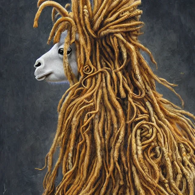 Prompt: llama with dreadlocks, by mandy jurgens, ernst haeckel, james jean. in the style of gustav klimt