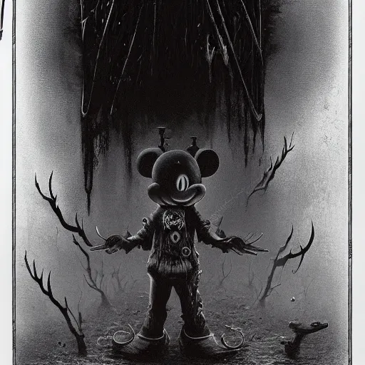 Prompt: Mickey mouse as a bloodborne boss by zdzisław beksiński