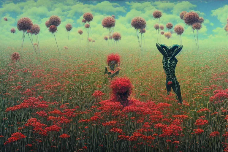 Prompt: gigantic malformed humanoid creatures made of luminous glass run towards the camera over a wide abstract field of grass and blooming flowers, contrasting colors, high saturation, by Ayami Kojima, Amano, Beksinski, Takato Yamamoto