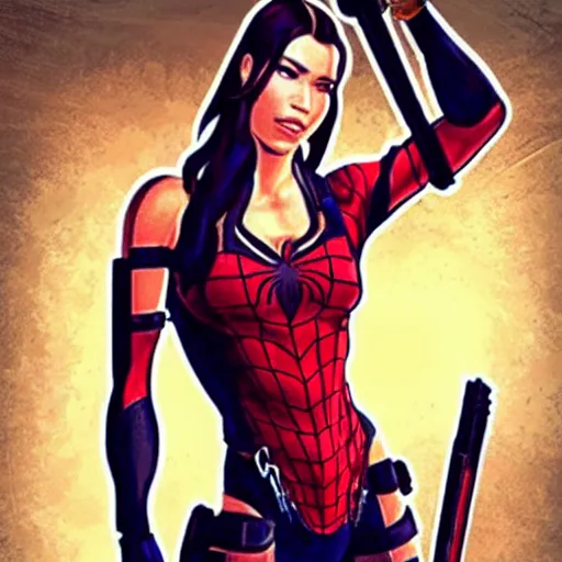Image similar to Lara croft as spiderwoman, intricate, highly detailed
