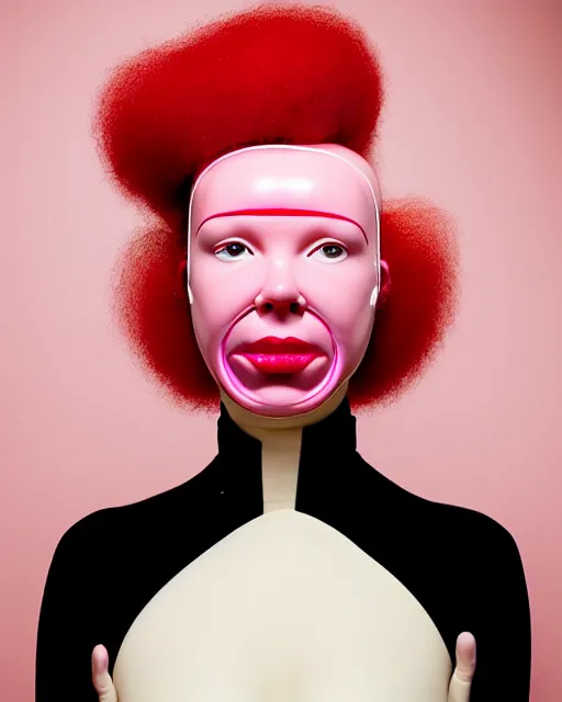 Prompt: symmetrical portrait of a woman wearing a pink silicone beauty mask and red hair rolls, wearing a red bodysuit by alexander mcqueen, cream white background, biotechnology, bjork aesthetic, translucent, by rineke dijkstra, masterpiece