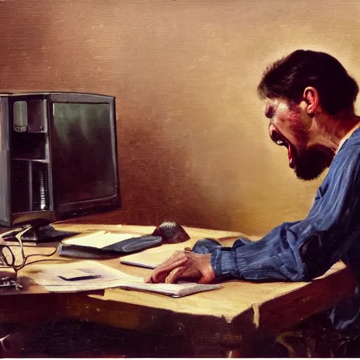 Image similar to an angry man yells at his computer monitor, oil on canvas, 1 8 8 3, highly detailed