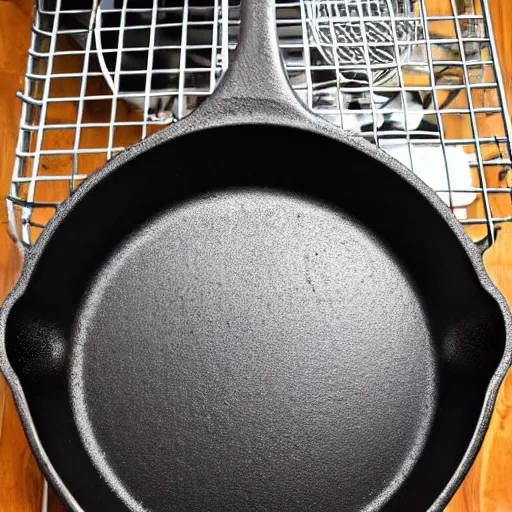 Image similar to cast iron skillet pan loaded into dishwasher rack, rust