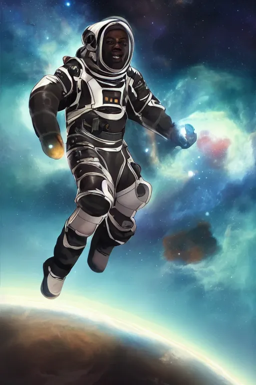 Image similar to cinematic action shot of a handsome african-american man in an advanced spacesuit floating in front of exploding nebulae halos, digital illustration trending on artstation by artgerm and rutkowski