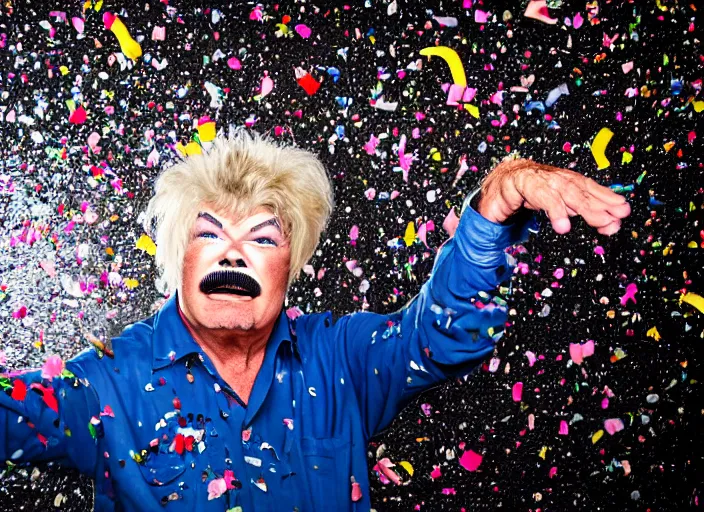 Image similar to photo still of rip taylor at a car accident scene!!!!!!!! at age 5 4 years old 5 4 years of age!!!!!!! throwing confetti from a bucket, 8 k, 8 5 mm f 1. 8, studio lighting, rim light, right side key light