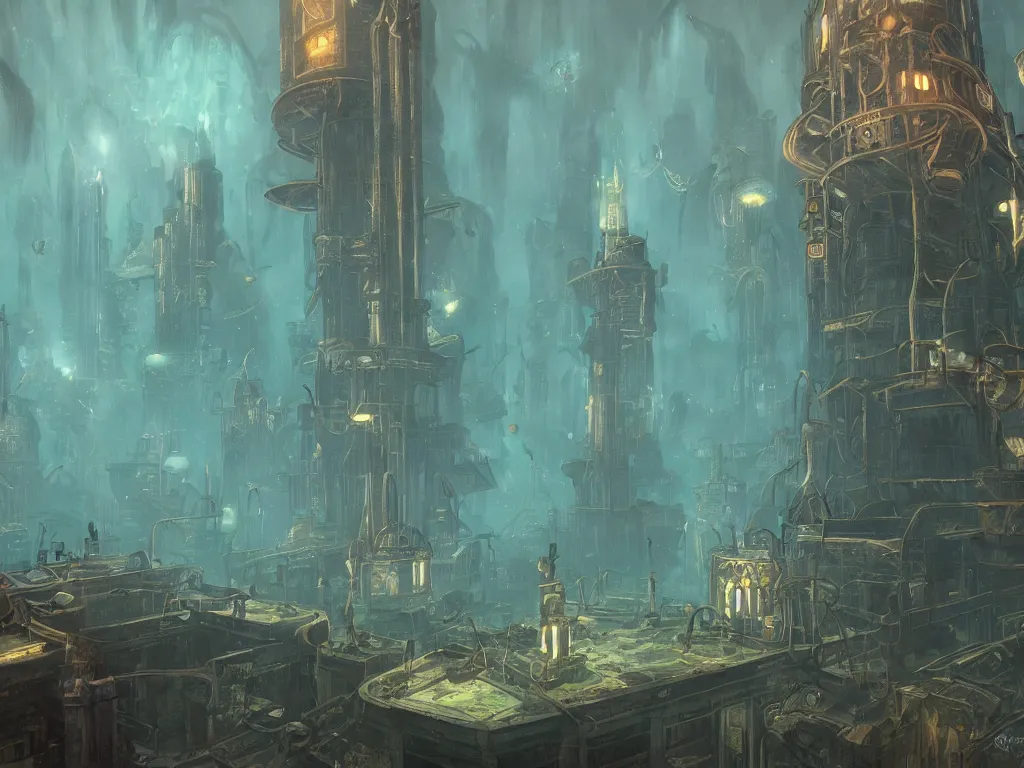 Prompt: decaying underwater city from bioshock, concept art, oil painting, art deco architecture