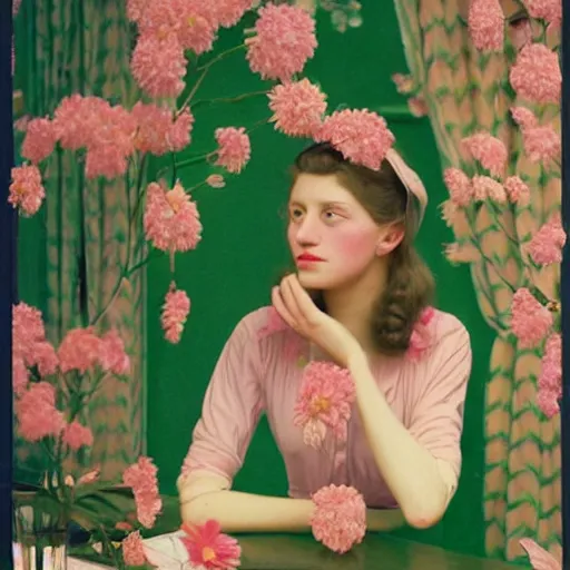 Prompt: a lot of flowers morphing in a beautiful girls face, film still by wes anderson, depicted by balthus, limited color palette, very intricate, art nouveau, highly detailed, lights by hopper, soft pastel colors, minimalist