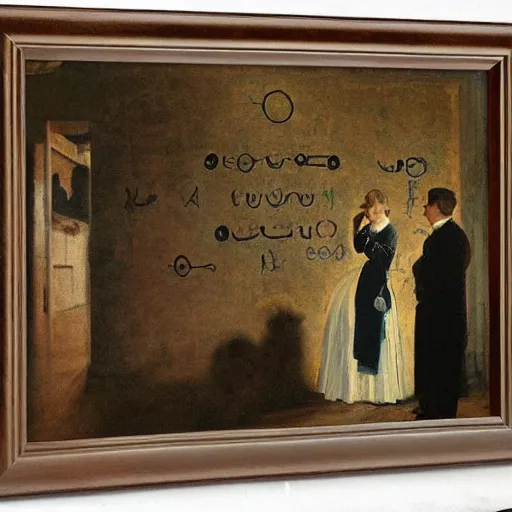 Prompt: gentleman and woman studying a wall full of occult symbols by alfred stevens