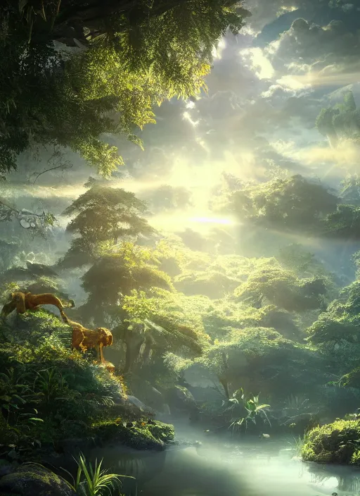 Image similar to beauteous sumptuous, with incredible indirect soft cinematic lighting, garden of eden, crystalline masterpiece incrustations, hyperdetailed features, movie still, intricate, octane render, cinematic forest lighting, unreal engine, crepuscular rays, god rays