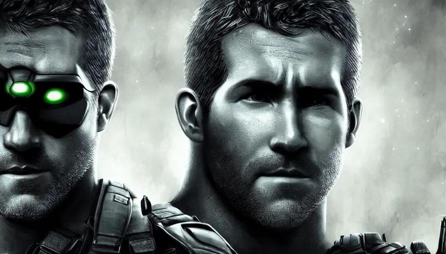 Prompt: ryan reynolds is sam fisher from splinter cell, black background, hyperdetailed, artstation, cgsociety, 8 k