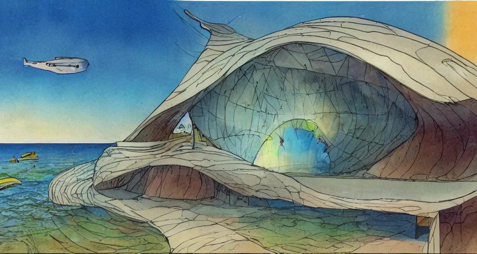Image similar to seashell house by bill sienkiwicz and john harris, triadic color scheme