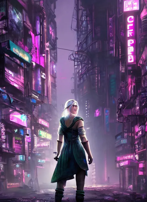 Prompt: ciri in a cyberpunk city full of neon. hyperrealistic oil painting, 4k, very detailed faces, studio lightning, award winning