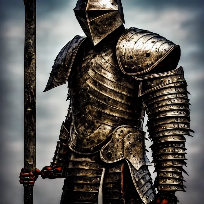 Image similar to digital art of a warrior headless, no head, body with, with metal themed fantasy epic armour, highly detailed, hdr, smooth, sharp focus, high resolution, award - winning photo