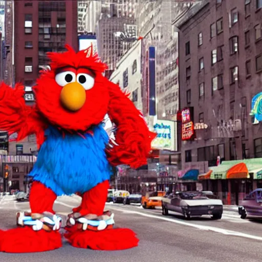 Prompt: Cinema4d 3d octane render of giant Elmo from sesame street being depicted as a 90’s rapper in New York City, highly detailed, 4K, moody lighting