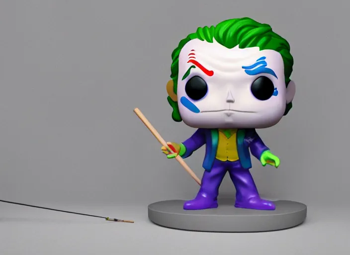 Prompt: full body 3 d render of the joker as a funko pop playing pool, studio lighting, white background, blender, trending on artstation, 8 k, highly detailed