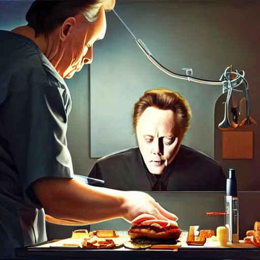 Prompt: Christopher Walken performing emergency surgery on a big mac hamburger, dripping BBQ Sauce, operating on burgers, operating room, surgical gear, intricate, elegant, highly detailed, digital painting, artstation, concept art, matte, sharp focus, illustration, art by Artgerm and Greg Rutkowski and Alphonse Mucha