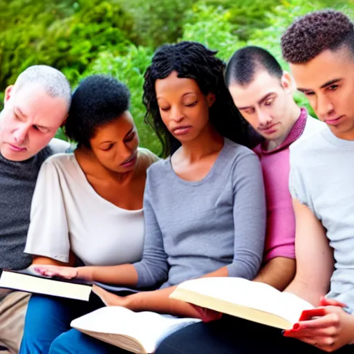 Image similar to two women and three men looking at a book