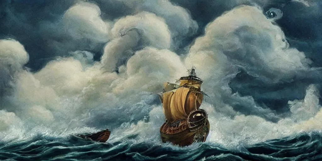 Prompt: kraken!!!!!!!!!!!!!!!! tentacles!!!!!!!!!!! stormy sea!!!!!! steamship boat dramatic clouds painting