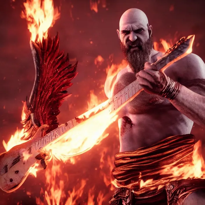 Prompt: kratos playing a flaming stratocaster guitar, cinematic render, god of war 2 0 1 8, playstation studios official media