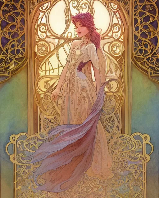 Image similar to secret romance, highly detailed, very intricate, art nouveau, gold filigree, romantic storybook fantasy, soft cinematic lighting, award - winning, disney concept art watercolor illustration by mandy jurgens and alphonse mucha and alena aenami, pastel color palette, featured on artstation