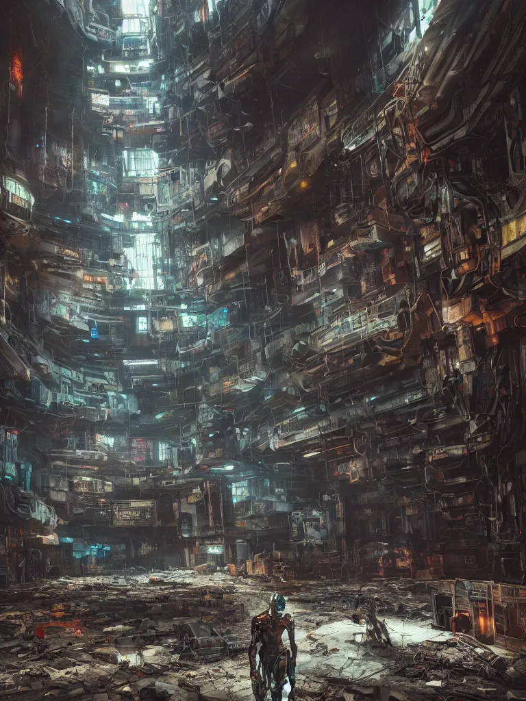 Prompt: portrait of a cyborg, standing in a hall of abandoned cyberpunk megacomplex; hyperrealistic, 4K wallpaper, cinematic lighting, highly detailed and beautiful