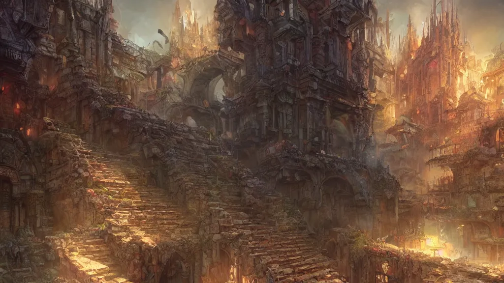 Image similar to the steps of a a crumbling stone temple in the middle of a bustling city, huge crowd on the street, fantasy, marc simonetti, anato finnstark, randy vargas, diego gisbert llorens, bayard wu, fantasy concept art, trending on artstation, 4k,