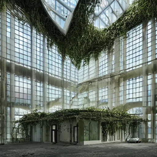 Prompt: “derelict architecture single building , the windows are growing single vines, building designed by architect Zaha Hadid, architecture digest, building surrounded in a luxury environment, bright tones, fluorescent lighting,volumetric Lighting, photorealism, high detail, golden ratio, cinematic, octane renderer”