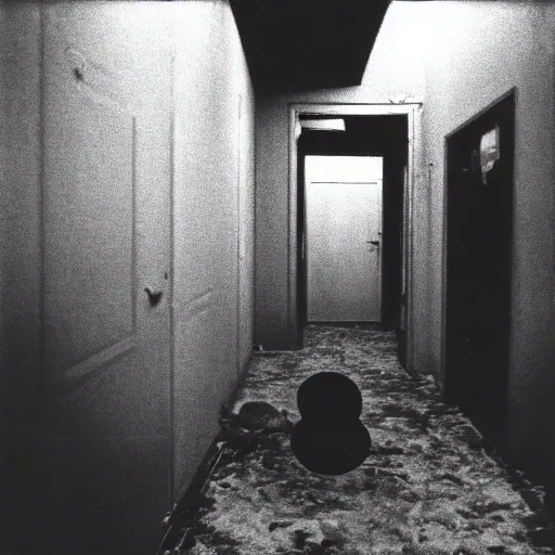 Image similar to Photograph of an old black room with a TV playing an emergency warning while a sleep paralysis demon crabwalks around, dust in the air, brown wood cabinets, SCP, taken using a film camera with 35mm expired film, bright camera flash enabled, award winning photograph, sleep paralysis demon crabwalking towards camera, creepy, liminal space, in the style of the movie Pulse
