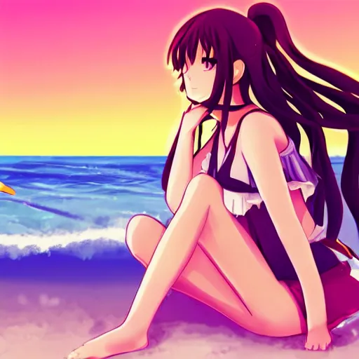 Prompt: monika of doki doki literature club relaxing at the beach | gelbooru image database | sankakucomplex image database | shuushuu image database | safebooru digital art image | trending on instagram | behance colored background stunning | konachan 1 0 8 0 p wallpaper