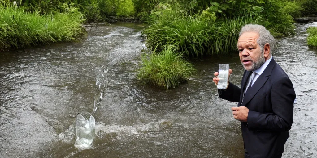 Prompt: alan sugar drinking from a stream