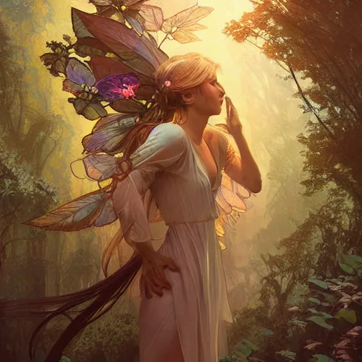 Image similar to forest fairy, little, levitating, flying with fairy wings, cape, intricate, headshot, highly detailed, digital painting, artstation, concept art, sharp focus, cinematic lighting, illustration, art by artgerm and greg rutkowski, alphonse mucha, cgsociety