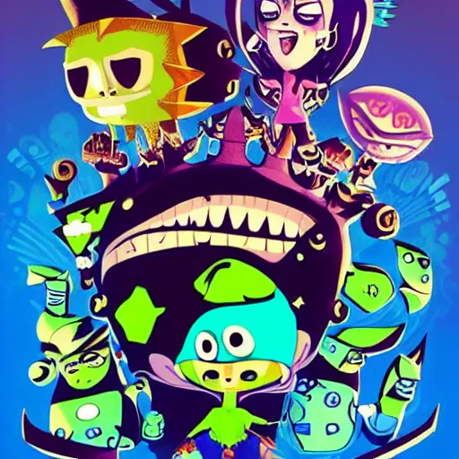 Image similar to psychic punk rocker electrifying rockstar with vampire squid head concept character designs of various shapes and sizes by genndy tartakovsky and splatoon by nintendo and the psychonauts franchise by doublefine tim shafer artists as well as the artist for the new hotel transylvania film