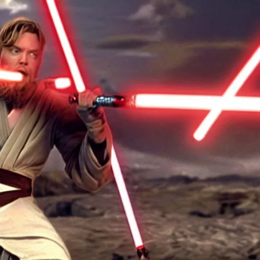 Image similar to yeat the rapper fighting obi wan kenobi with lightsabers in revenge of the sith, star wars movie,