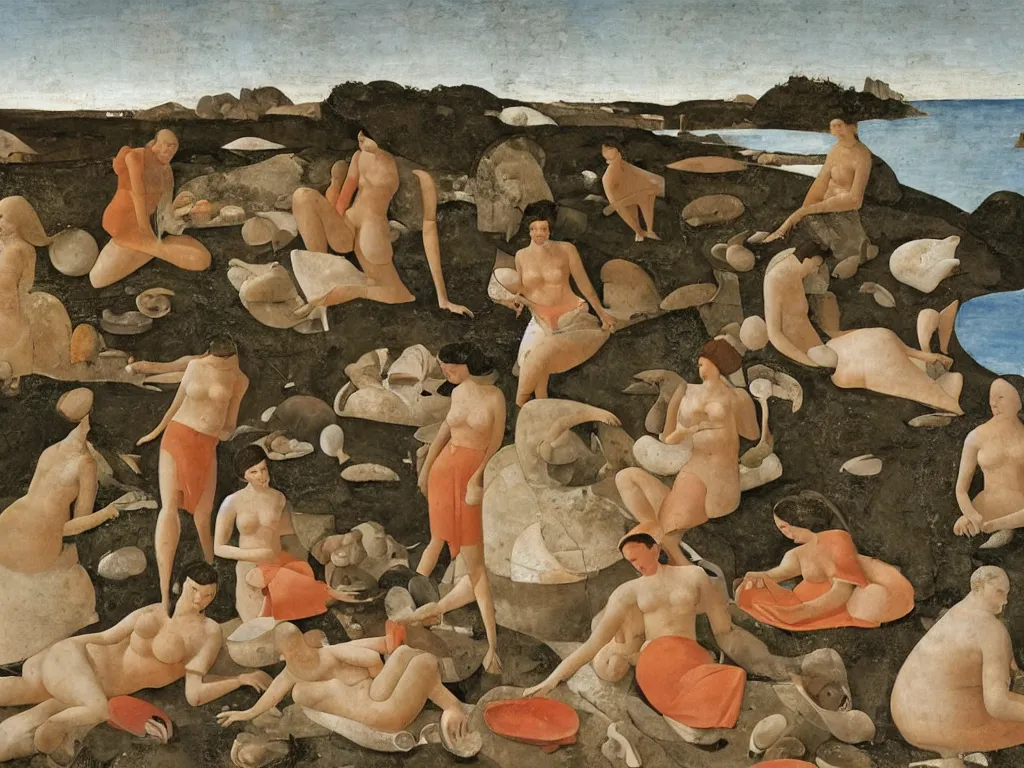 Image similar to Women and men sitting on the sand collecting sea sea shells and corals. Landscape sculpted by Henri Moore. Painting by Piero della Francesca, Morandi, Balthus