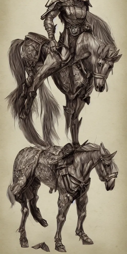 Prompt: A horse with a male human torso, epic dungeons and dragons character design, portrait