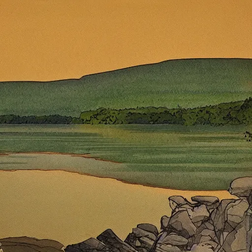 Image similar to by milo manara improvisational, meticulous cool yellow. the computer art of two lakes in connecticut, with mountains in the distance.