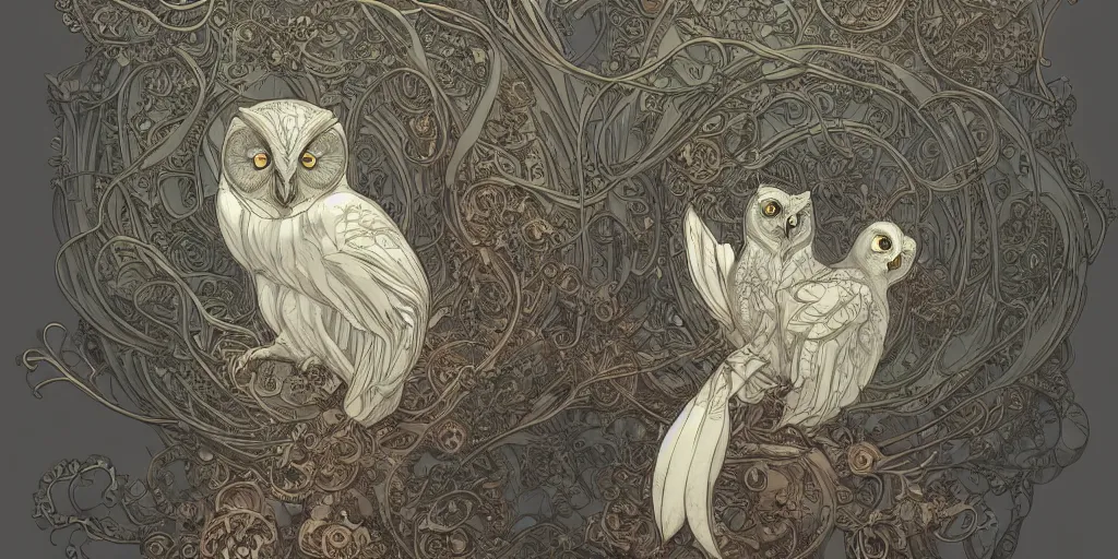 Image similar to cute owl, organic, epic, baroque art nouveau, manga, james jean, mucha, yoshitaka amano, photorealistic rendering, 3 ds max + v - ray, extremely detailed and complex, center composition, elegant, vfx, unreal engine 5, octane rendering, very contrasting, very sharp lines