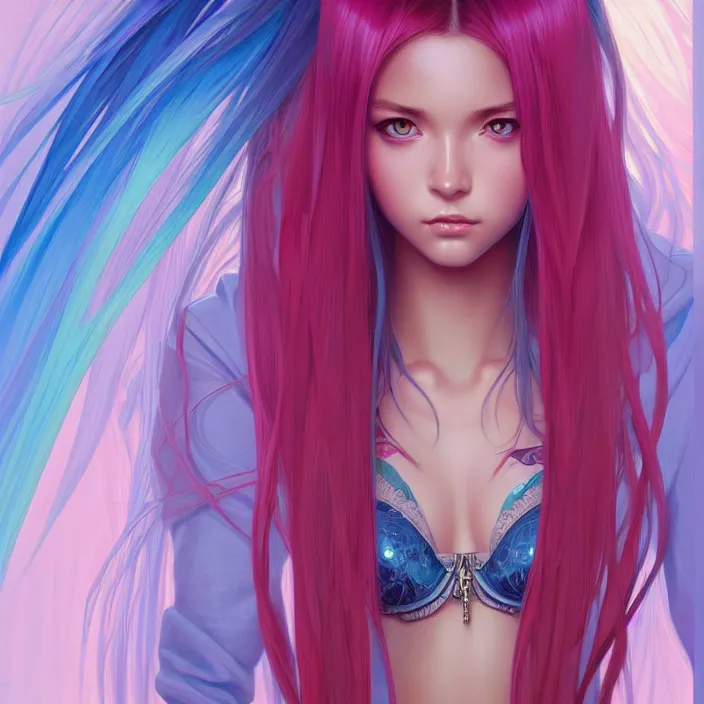 Image similar to portrait of beautiful symmetrical anime girl, rainbow hair, attractive, casual, modern, victoria's secret, highly detailed, digital painting, artstation, concept art, smooth, sharp focus, illustration, art by moebius artgerm, greg rutkowski and alphonse mucha, 8 k,