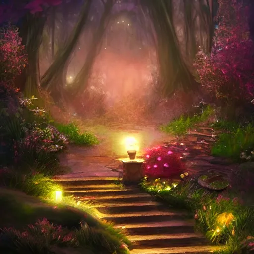 Image similar to fairy glowing magically at night concept art, realistic garden, beautiful, glorious, matte painting, highly detailed, trending on artstation, 4 k