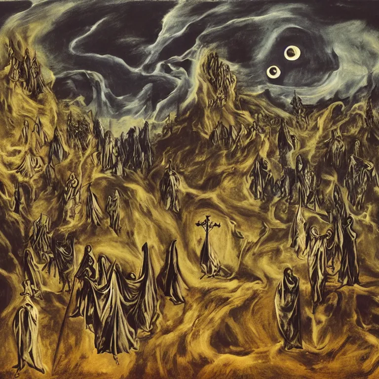 Image similar to A Holy Week procession of grim reapers in a lush Spanish landscape at night. A hooded figure at the front holds a cross. El Greco, Remedios Varo, Salvador Dalí, Zdzisław Beksiński. Technicolor.