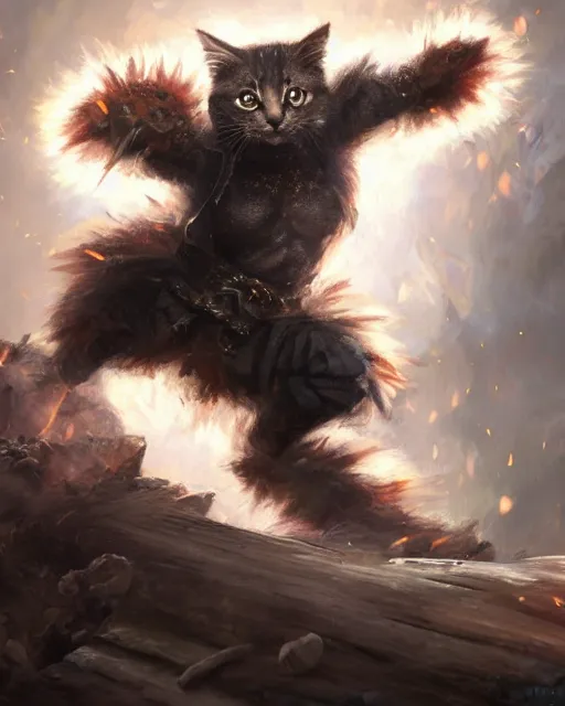 Image similar to oil painting of Angry Anthropomorphized Kitten Berserker, wearing fur armor, claws, sharp focus, attack pose, fantasy style, octane render, volumetric lighting, 8k high definition, by greg rutkowski, highly detailed, trending on art Station, magic the gathering artwork, burning Battlefield background, centered