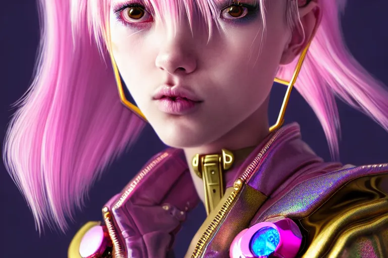 Image similar to hyperdetailed close portrait of a stunningly beautiful pink cyberpunk cute european girl made of metals and shiny iridescent gems, dark rainbow nimbus, gold necklace, puffer jacket, inspired by ross tran and masamune shirow and kuvshinov, intricate, photorealistic, octane render, rtx, hdr, unreal engine, dnd digital art by artgerm