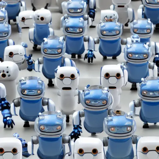 Prompt: 12 small blue robots with cute smiling faces and bright white eyes looking at the camera. The robots are arranged in a grid