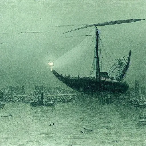 Prompt: An airship caught in searchlight beams during an air raid on London in the style of John Atkinson Grimshaw