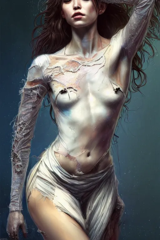 Image similar to body portrait of a gorgeous ghost princess, wearing torn clothes, by terry o'neill intricate, elegant, highly detailed, digital painting, glistening skin, artstation, concept art, smooth, sharp focus, contrasting lighting, bright colors, dark background, illustration, art by artgerm and greg rutkowski and alphonse mucha, 8 k